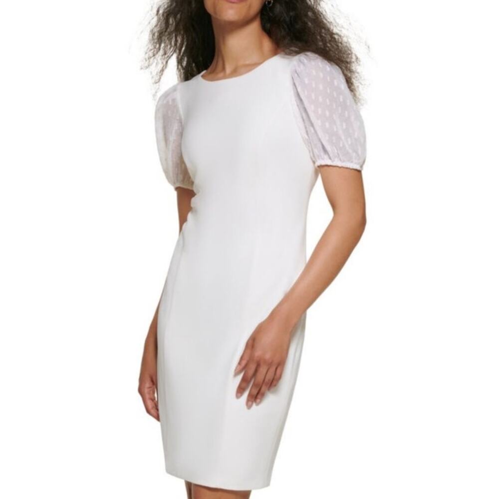 DKNY Cream Short Puff Sleeve Round Neck Lined Knee Length Shift Dress Size 14
